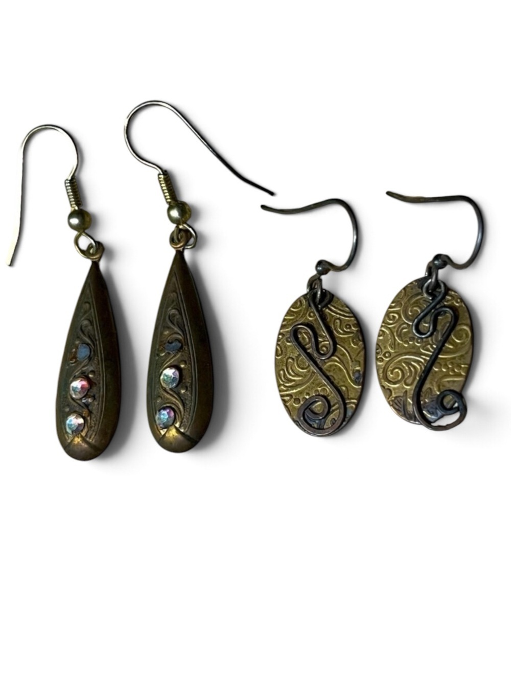 Set/2 Vintage Brass Etched Crystal Earrings
